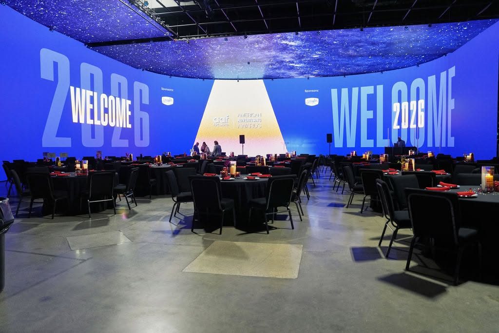 Wraparound 360-degree LED volume reading WELCOME 2026 at the American Advertising Awards, designed by LaunchBox at Trilogy Studios